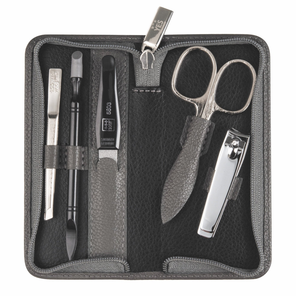 YES Solingen manicure zip case taupe 5-piece – Steel (instruments), leather (case)