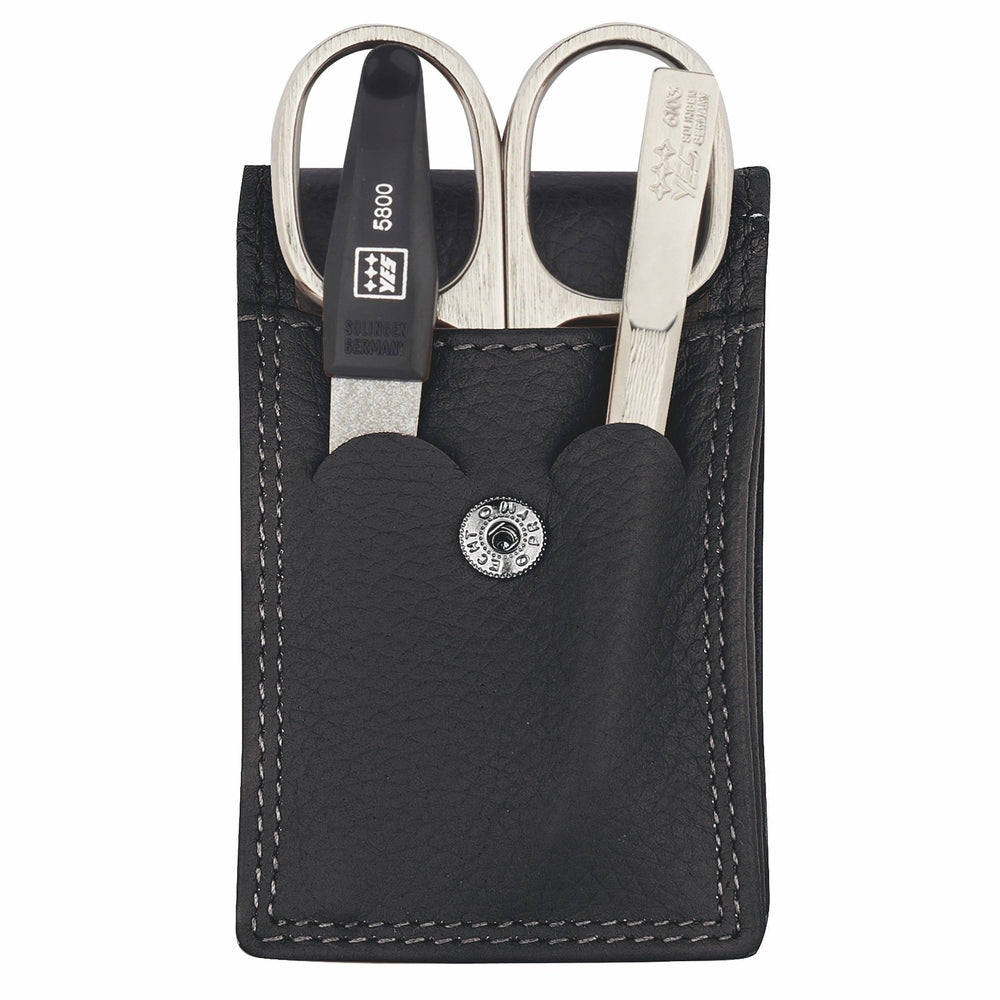 YES Solingen manicure pocket case black 3-piece – Nickel-plated steel (instruments), leather (case)