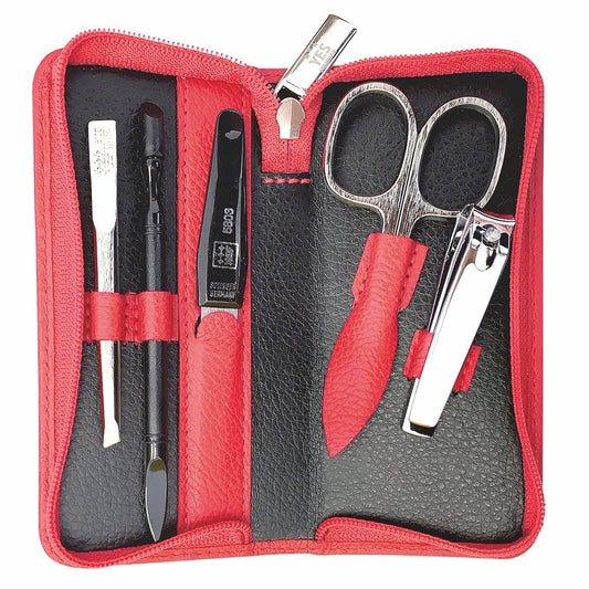 YES Solingen manicure zip case red 5-piece – Steel (instruments), leather (case)