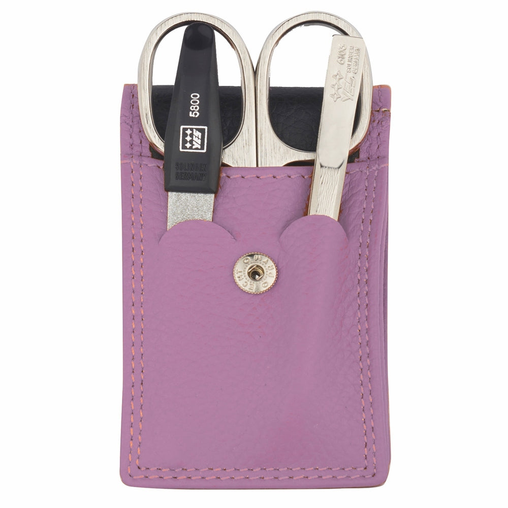YES Solingen manicure pocket case lavender 3-piece – Nickel-plated steel (instruments), leather (case)