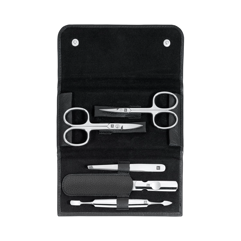 Set manicure ZWILLING Classic Inox nero, 5 pezzi con astuccio in pelle e strumenti in acciaio inox lucidato