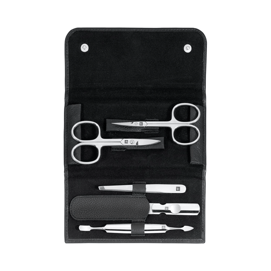 Set manicure ZWILLING Classic Inox nero, 5 pezzi con astuccio in pelle e strumenti in acciaio inox lucidato